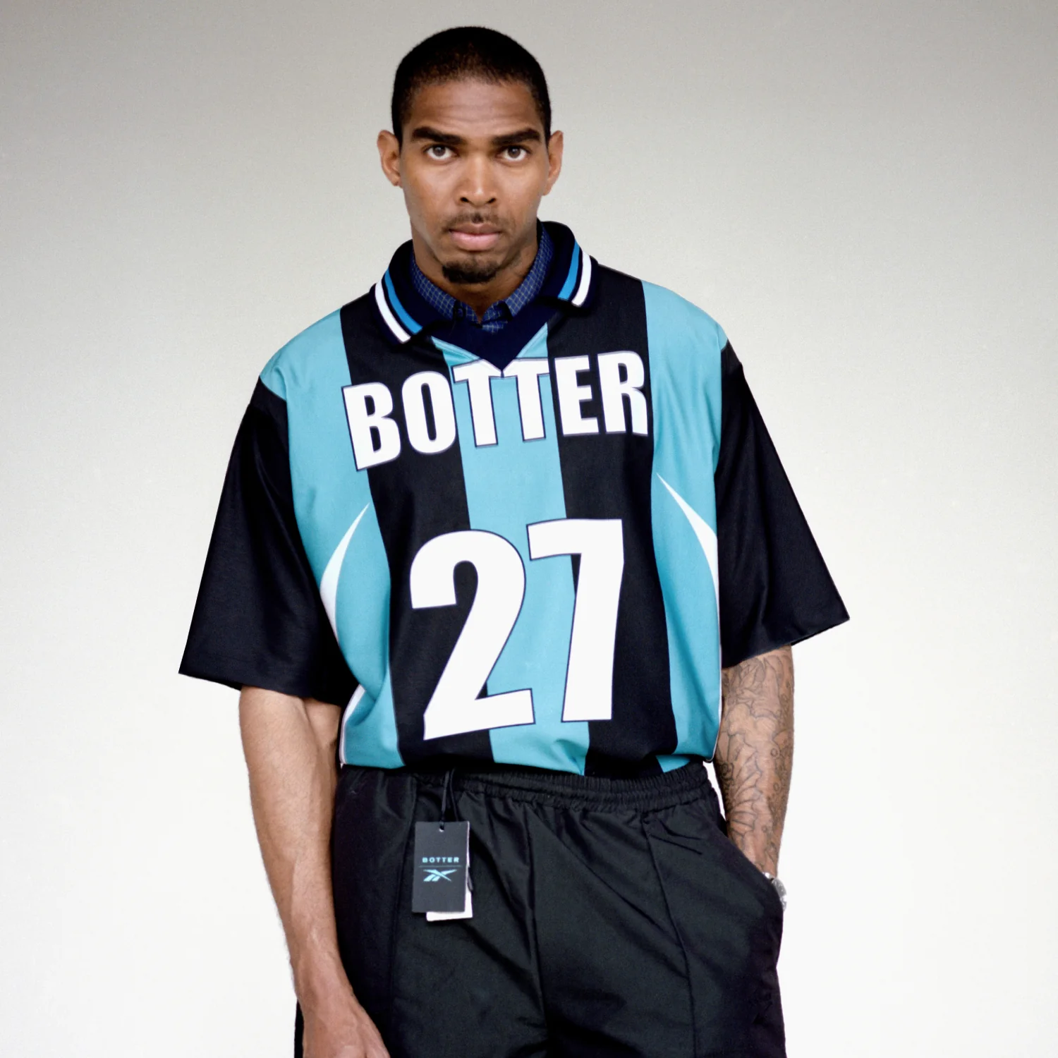 Reverse Soccer Tee Striped Botter Striped Navy/Aqua Blue - Image 2